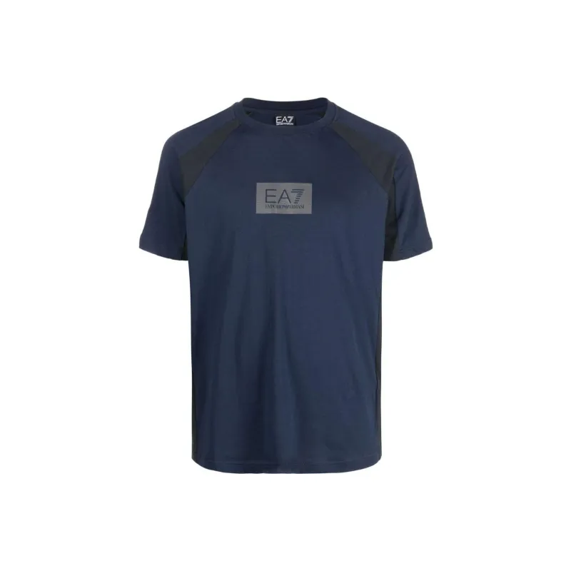 EMPORIO ARMANI EA7 Collection Logo Print Patchwork Raglan Short Sleeved T Shirt Men's Dark Blue-0