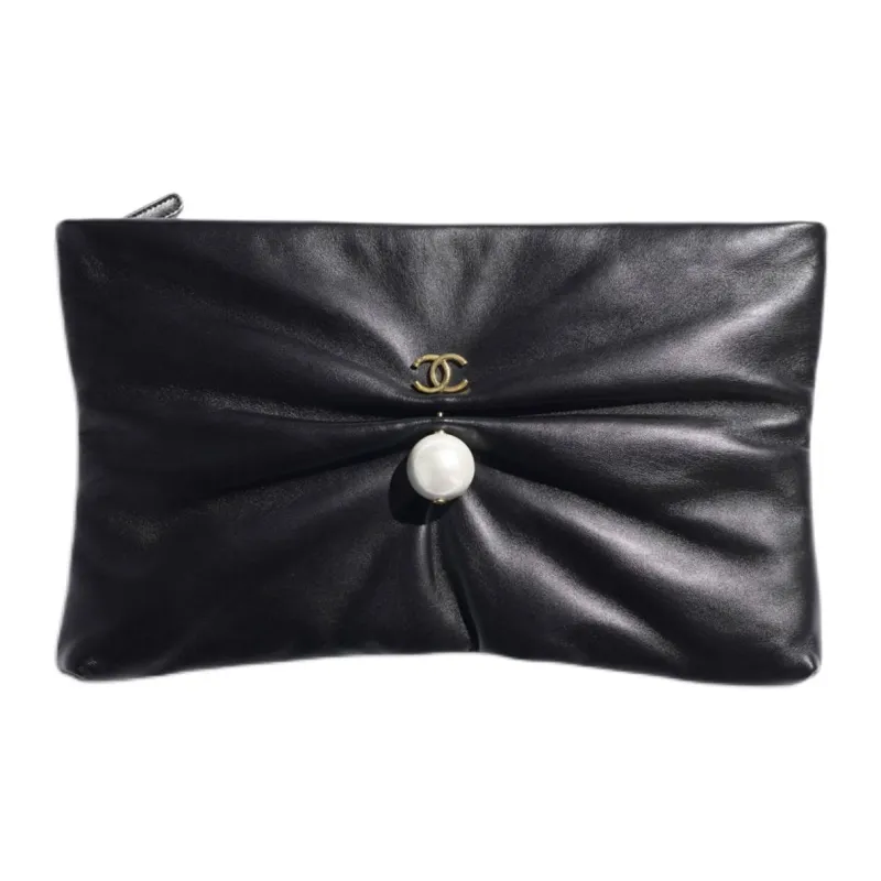 CHANEL Lambskin Clutch Large Size Women's Black-0