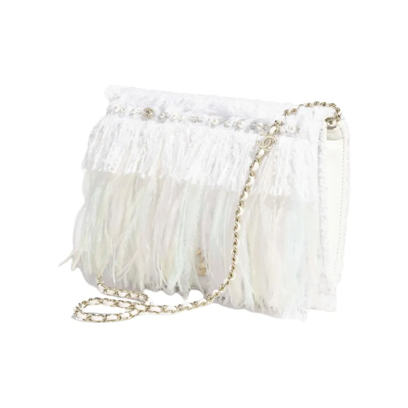 CHANEL Tweed Handheld Shoulder Bag Women's White-3
