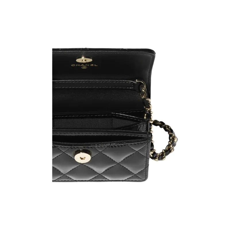 CHANEL Shiny Lambskin Shoulder Bag Small Size Women's Black-3