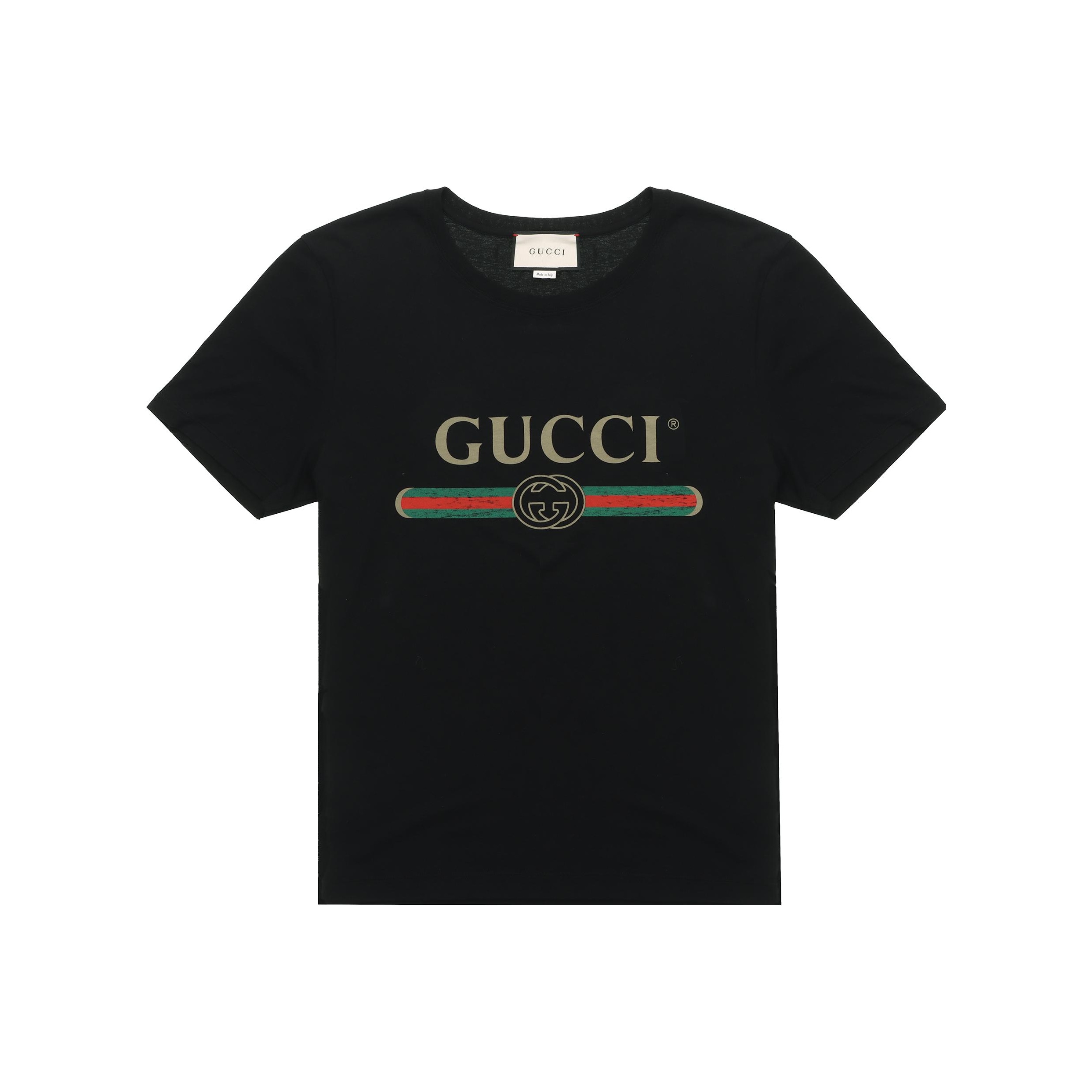 GUCCI Men Logo Washed Print T-shirt Black - POIZON GUCCI Men Logo Washed Print T-shirt Black - POIZON