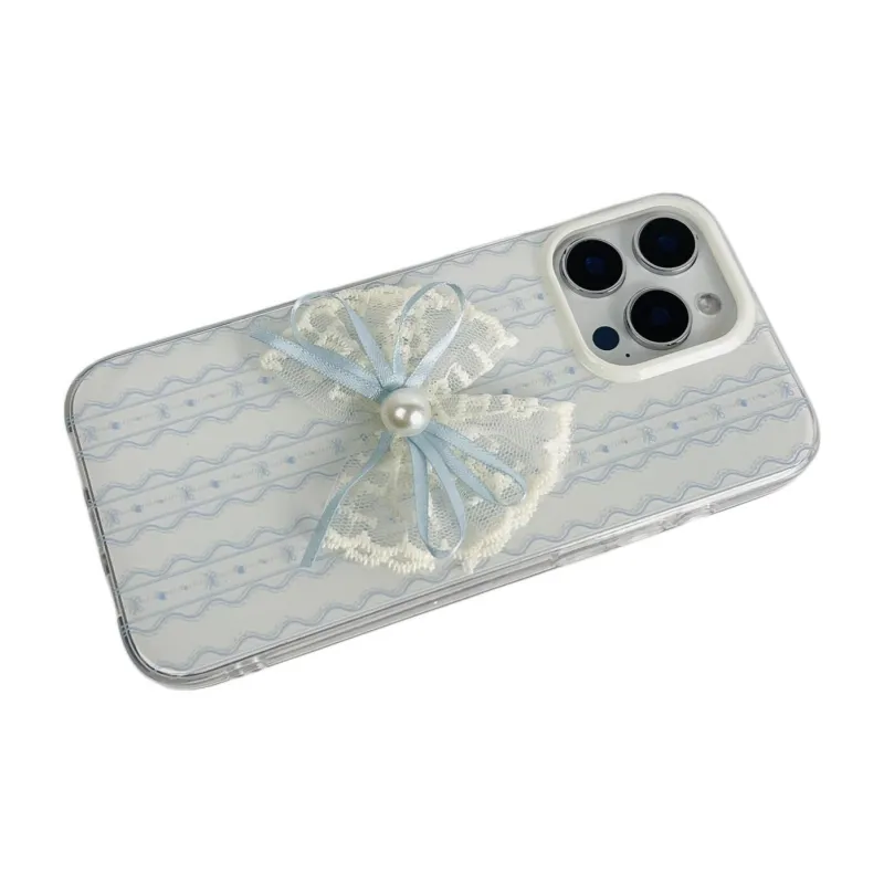 Sopi Acrylic Material Blue Lace Bowknot Phone Cases Compatible With IPhone 16/15 Pro Max/Apple 13/14 Pro Max Collection-3