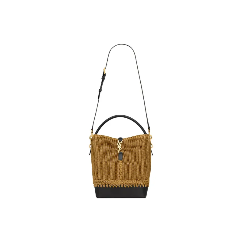 SAINT LAURENT Calfskin Bucket Bag, One Shoulder Handbag Women's Natural Brown & Black-1