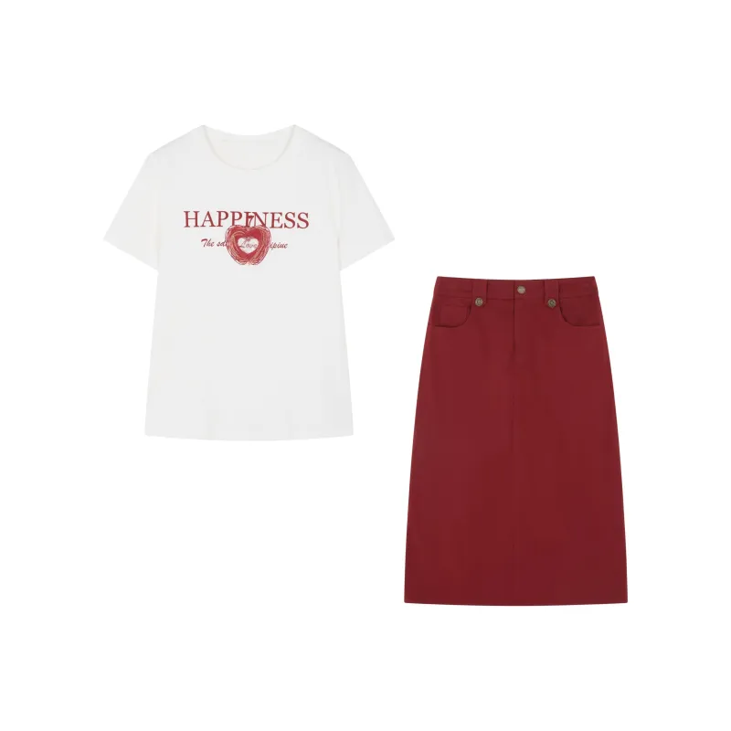 XWI Two Piece Skirt Sets Women's Raw White+Red-0