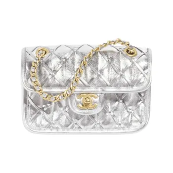 CHANEL Calfskin Shoulder Bag Mini Women's Metallic Silver