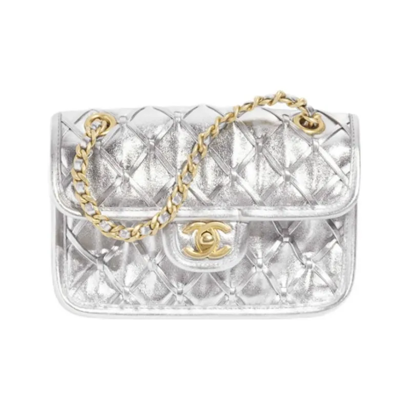 CHANEL Calfskin Shoulder Bag Mini Women's Metallic Silver-0