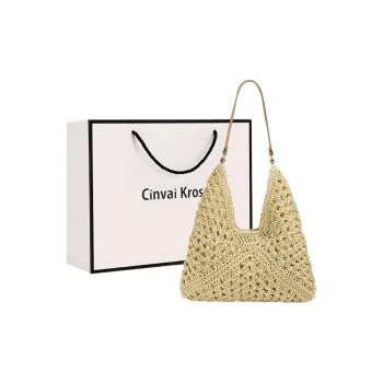 CinvaiKrose Paper Rope Woven Bag Shoulder Bag Large Size Women's Beige/Brown