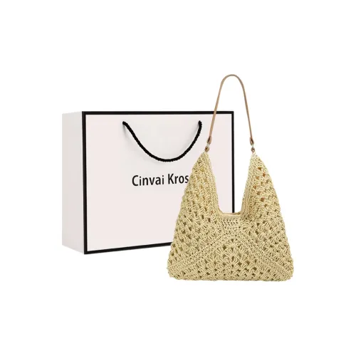 CinvaiKrose Paper Rope Woven Bag Shoulder Bag Large Size Women's Beige/Brown