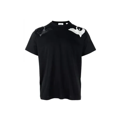 Burberry Solid Color Swan Pattern Embroidered Crew Neck Short Sleeved T Shirt Men's Black