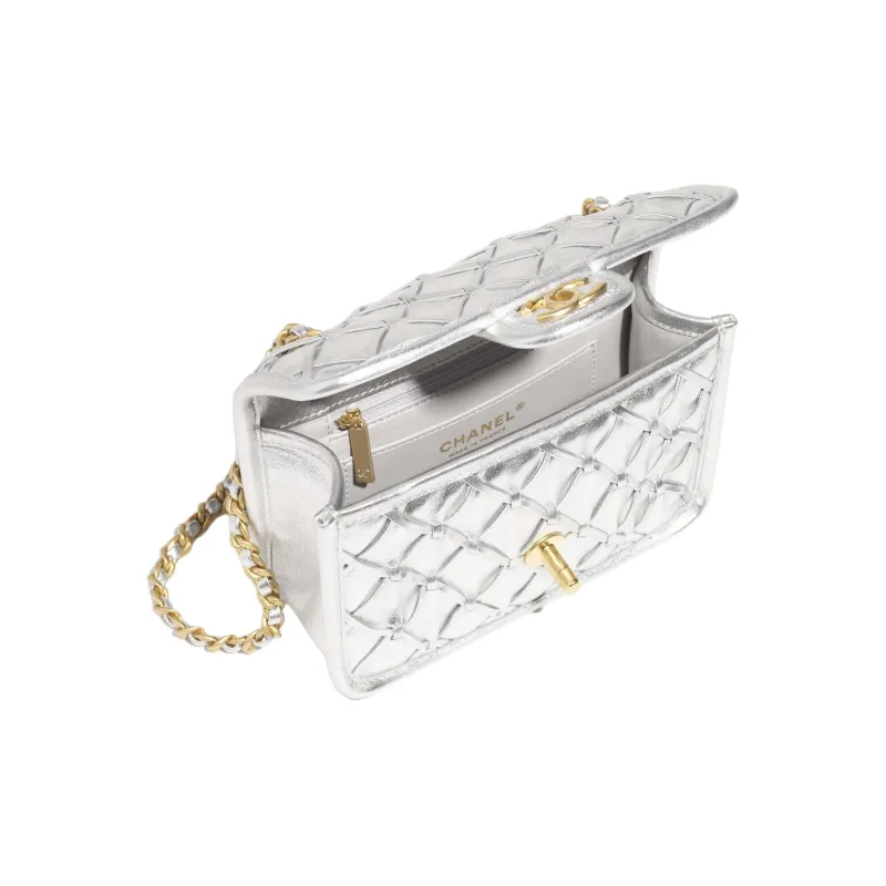 CHANEL Calfskin Shoulder Bag Mini Women's Metallic Silver-2
