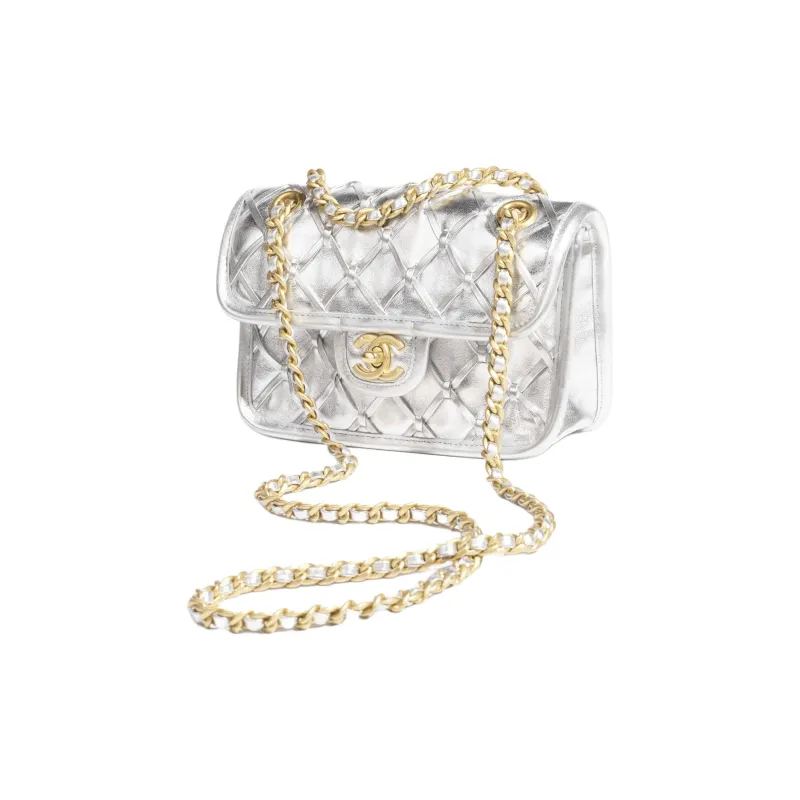 CHANEL Calfskin Shoulder Bag Mini Women's Metallic Silver-1