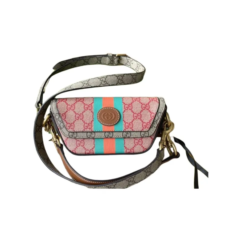 GUCCI Superme Canvas With Leather Shoulder Bag Crossbody Bag Handbag Mini Women's Brown & Pink-2