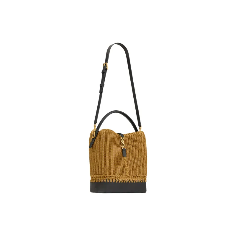 SAINT LAURENT Calfskin Bucket Bag, One Shoulder Handbag Women's Natural Brown & Black-3