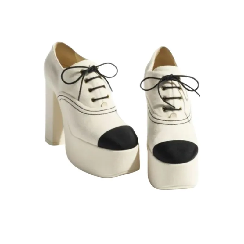 CHANEL 25S Block Heel High Heels 12cm Women's Ivory White & Black-2