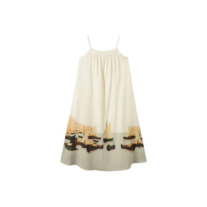 DIALOGUE Slip Dress Women's Sailboat Landscape Print-1