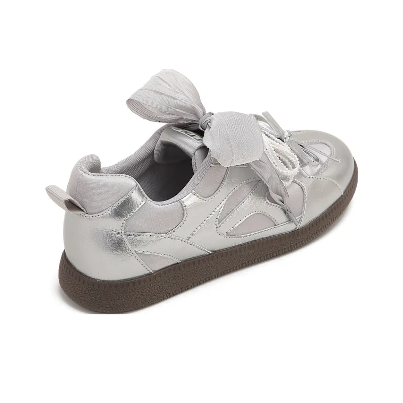 TTKJ Abrasion Resistant, Lightweight, And Breathable Low Top Skateboard Shoes Women's Satin Silver-5