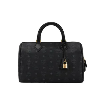 MCM Canvas With Leather Boston Bag Handbag Shoulder Bag Crossbody Bag Travel Bag Medium Size Women's Black