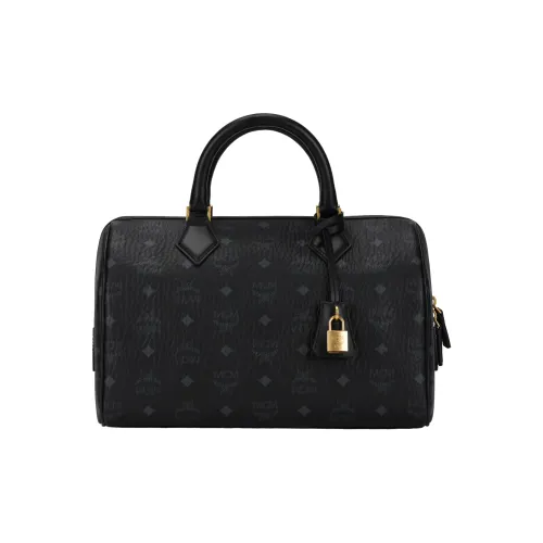 MCM Canvas With Leather Boston Bag Handbag Shoulder Bag Crossbody Bag Travel Bag Medium Size Women
s Black