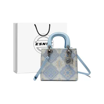ESNSY Tibetan Brocade Fabric With Leather Handbag Regular Women's Blue