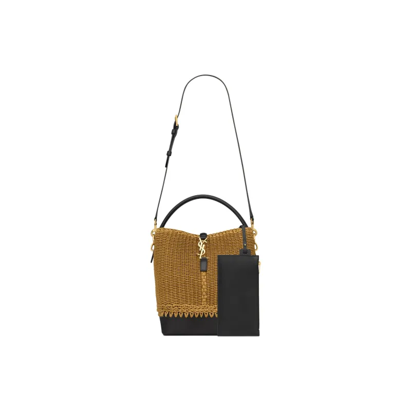SAINT LAURENT Calfskin Bucket Bag, One Shoulder Handbag Women's Natural Brown & Black-2