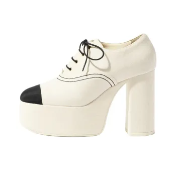 CHANEL 25S Block Heel High Heels 12cm Women's Ivory White & Black