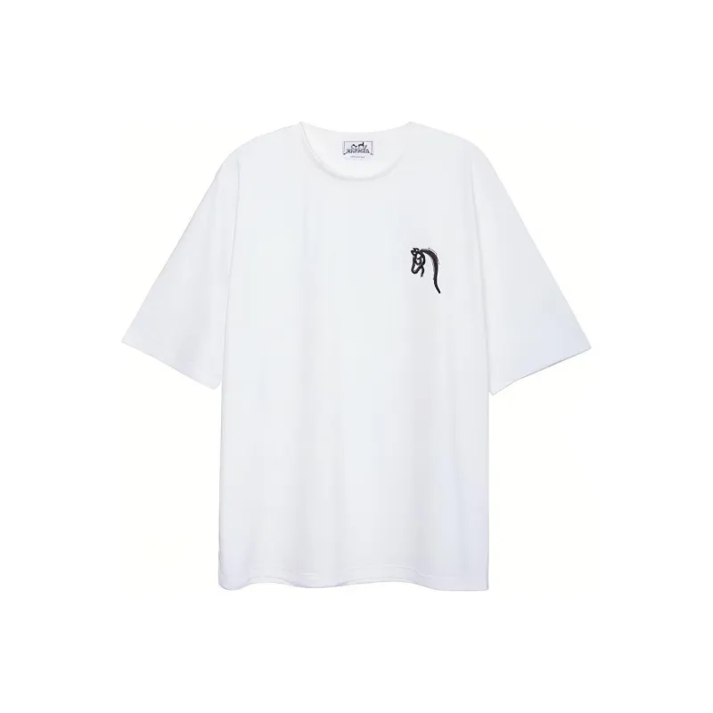 HERMES Logo Printed Crew Neck Straight Fit Short Sleeved T Shirt T Shirt Men's White-0