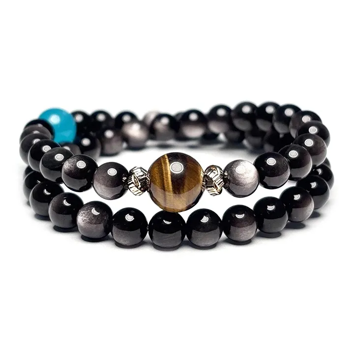 MOUNTAINS AND MANS Obsidian New Chinese Style Luxury Layering Good Luck Beaded Bracelet Men's-0