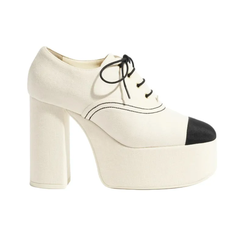 CHANEL 25S Block Heel High Heels 12cm Women's Ivory White & Black-1