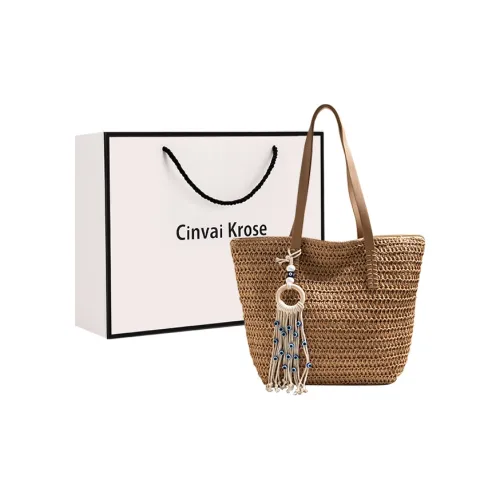 CinvaiKrose Straw Woven Tote Bag Shopping Bag Handbag Shoulder Bag Large Size Women's Multicolor