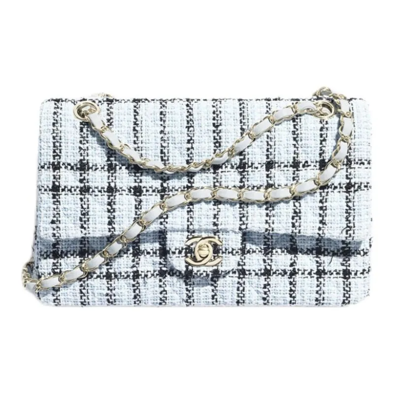 CHANEL Tweed & Gold Metal Shoulder Bag Women's Light Blue-0