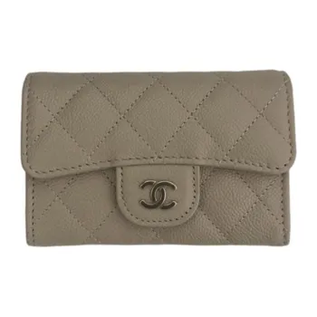 CHANEL Grained Embossed Cow Leather Card Holder Women's Khaki