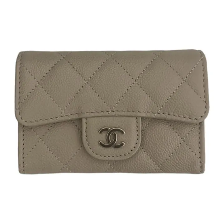 CHANEL Grained Embossed Cow Leather Card Holder Women's Khaki-0
