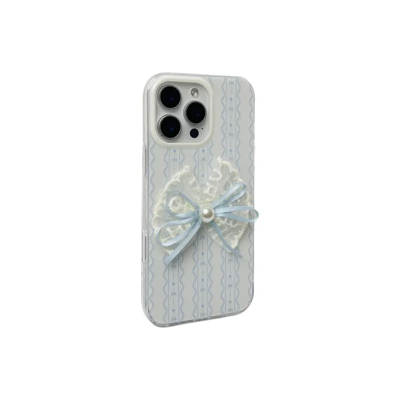 Sopi Acrylic Material Blue Lace Bowknot Phone Cases Compatible With IPhone 16/15 Pro Max/Apple 13/14 Pro Max Collection-1