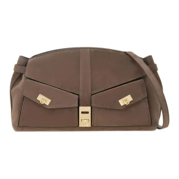 FERRAGAMO Hug Cow Leather Shoulder Bag Large Size Women's Light Gray