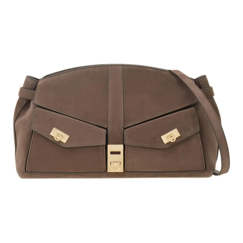 FERRAGAMO Hug Cow Leather Shoulder Bag Large Size Women's Light Gray-0
