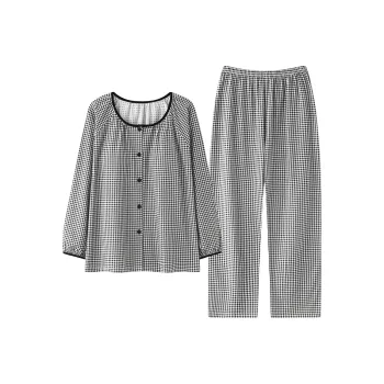 Cotton Gene Pajama Set Women's Black White Plaid