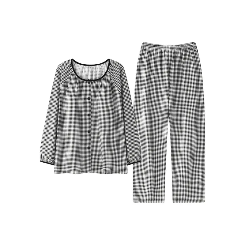 Cotton Gene Pajama Set Women's Black White Plaid-0
