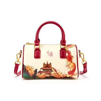 DIFENISE Cow Leather Boston Shoulder Bag Crossbody Bag Handbag Women's Vermilion Red/Lan Night Black