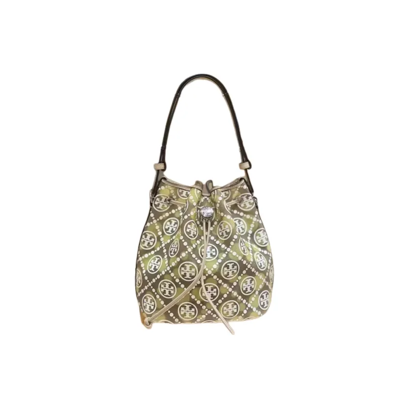 TORY BURCH T Monogram Polyamide Bucket Bag, One Shoulder Handbag Regular Women's Khaki & Honeydew-0