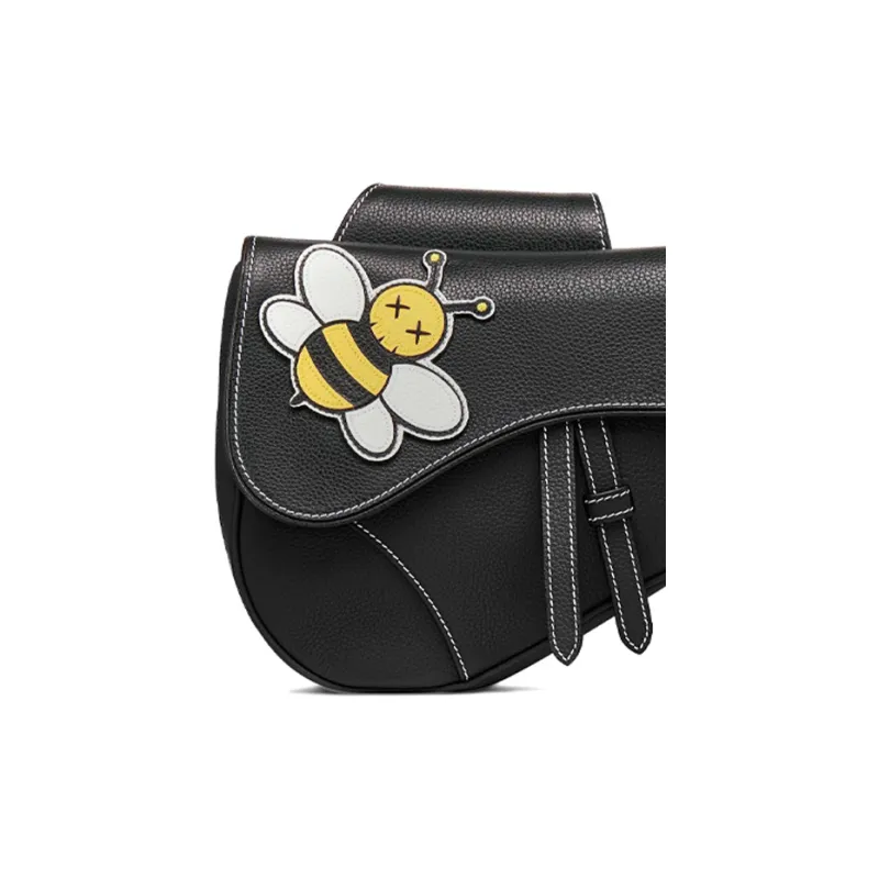 DIOR KAWS Collaboration Saddle Calfskin Bee Saddle Bag Fanny Pack Sling Bag Shoulder Bag Crossbody Bag Men's Black-3