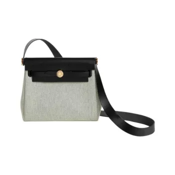 HERMES Herbag Zip HViking Canvas Shoulder Bag Women's Light Beige & Medium Green & Black