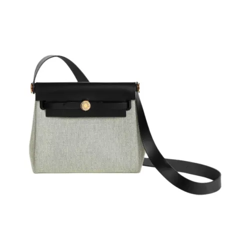 HERMES Herbag Zip HViking Canvas Shoulder Bag Women's Light Beige & Medium Green & Black