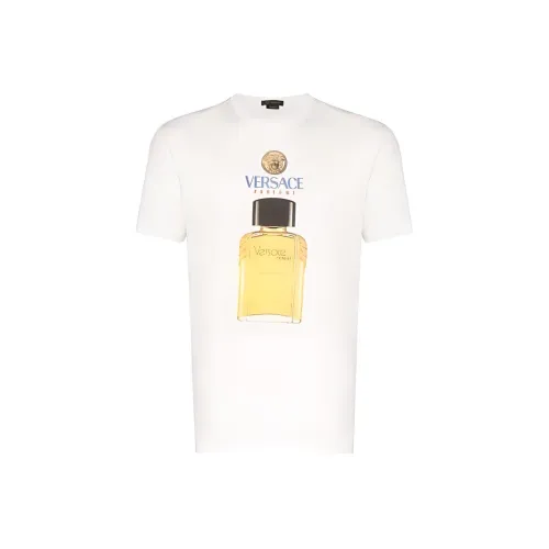 VERSACE Men Logo Letter Print Short Sleeve T Shirt Navy Blue Ecru