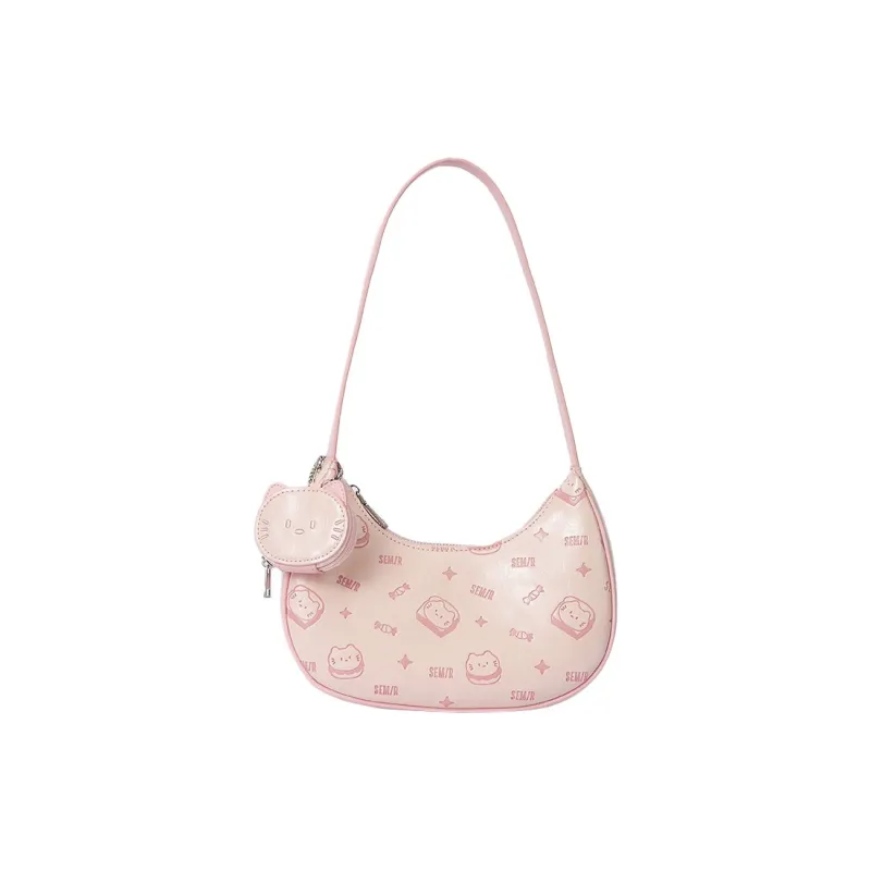 SEM/R Kitten Sketch PU Handbag, Shoulder Bag Medium Size Women's Raw White/Pink Tone-0