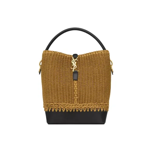 SAINT LAURENT Calfskin Bucket Bag, One Shoulder Handbag Women's Natural Brown & Black