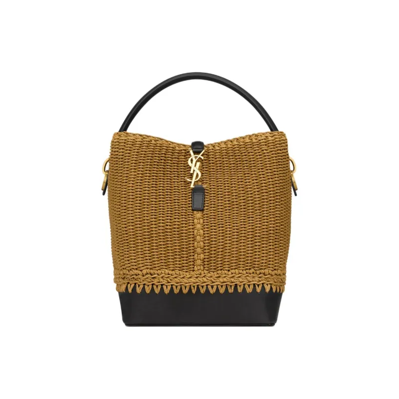 SAINT LAURENT Calfskin Bucket Bag, One Shoulder Handbag Women's Natural Brown & Black-0