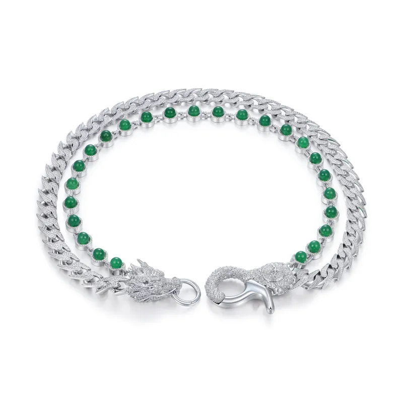 APORRO Dragon 2 Series Chalcedony Cuban Necklace Pants Chains Unisex 18K White Gold Plated-0