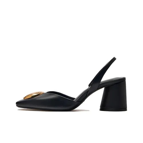 ZARA Chunky Heel High Heels 6cm Women's Black Gold
