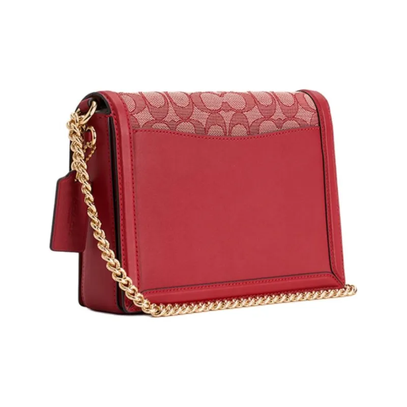 COACH Hutton Cow Leather Small Square Bag Chain Bag Portable Crossbody Bag Shoulder Bag Small Size Women's Ruby Color-1