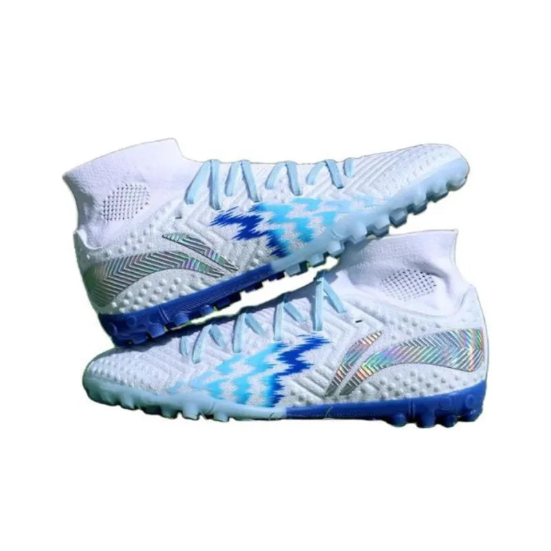 LiNing TF Rubber Broken Studs Soft Ground Cushioning, Wear Resistant Soccer Shoes Men's White Blue-1